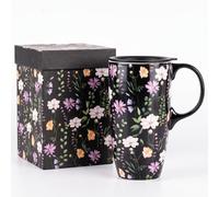 Topadorn Tasse en céramique avec boîte cadeau, tasse à café latte avec couvercle et poignée, 500 ml, noir