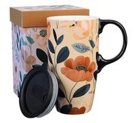 Topadorn Tasse en céramique en porcelaine avec couvercle - Pour latte, thé, café, café - 500 ml - Motif floral rouge, cadeau anniversaire été