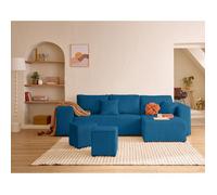 Topaze - canapé d'angle réversible 4 places - convertible avec coffre, tablette et poufs - en velours côtelé - Bleu