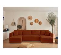 Bestmobilier Canapé panoramique Topaze 7 places convertible avec coffre Velours côtelé Terracotta