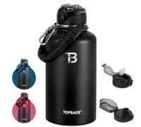TOPBADE Gourde en acier inoxydable de sport 1,9 L, bouteille d'eau isolée avec 2 couvercles (paille & sans paille), gourde de sport métallique de 1,9 L sans BPA pour le fitness, le bodybuilding, le