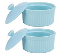 TOPBATHY 2 Pièces Ramequin en Céramique Bleu 125ml Couvercle, Bol à Dessert | Surface Lisse Polie, Design Antidérapant, Usage Maison, pour Mousse, Pudding, Soufflé et Portions Individuelles