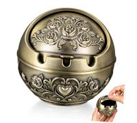 TOPBATHY Cendrier en Alliage de Zinc avec Couvercle Rond Décoratif Portable | Finition Métallique Bronze, Base Lestée et Rainures Intégrées, pour Balcon, Patio et Salon