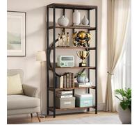 TOPESCT Bibliothèque Industrielle - Bibliothèque 180cm - 6 étagères, 5 Ouvertures - Marron foncé - Marron Rustique et Noir