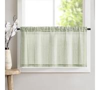 TOPICK Rideau brise-bise à rayures - Rideau de cuisine moderne - Style maison de campagne - 60 x 125 cm - 1 pièce - Rideau court aspect lin - Vert sur beige