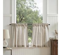 TOPICK Rideau Cuisine Brise Bise, Rideaux Court a Rayure, Lot de 2 Gris sur Beige 90L x 60H cm, à Passe Tringle, Parfait Decration pour sous Evier Fenêtre Cache Placard