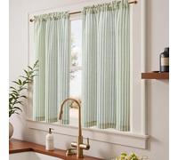 TOPICK Rideau Cuisine Court Brise Bise Lin pour Chambre Cuisine à Rayure Vert sur Beige L 65 x H 115 cm, Rideaux Moderne Semi Transparent en Effet Lin, Brise-Bise d'Interieur pour Fenetre Salon 2 PCs