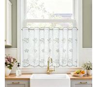 TOPICK Rideau Cuisine Voilage Brise-Bise, Petits Rideaux Courts, 120L x 60H(cm) Lot de 1 à Passe-Tringle, Blanc avec Broderie Verte, Style Champêtre pour Fenêtre,Placard,sous-Evier,Chambre et Café