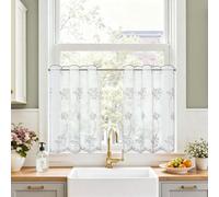 TOPICK Rideau Cuisine Voilage Brise-Bise, Petits Rideaux Courts, 65L x 60H(cm) Lot de 2 à Passe-Tringle, Blanc avec Broderie Grise, Style Champêtre pour Fenêtre,Placard,sous-Evier,Chambre et Café