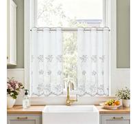 TOPICK Rideau Cuisine Voilage Brise-Bise, Petits Rideaux Courts, 65L x 75H(cm) Lot de 2 à Passe-Tringle, Blanc avec Broderie Grise, Style Champêtre pour Fenêtre,Placard,sous-Evier,Chambre et Café