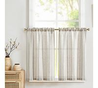 TOPICK Rideaux Cuisine Court Brise Bise Lin pour Cache Placard a Rayure Gris sur Beige 65L x 60H cm, Rideau Brise-Bise à Passe Tringle en Effet lin, Parfait Decration pour sous Evier Fenêtre, Lot de 2
