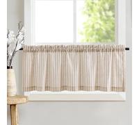 TOPICK Rideaux Cuisine Court Demi Brise Bise Lin a Rayure Marron sur Beige 125L x 40Hcm, Rideau sous Evier Intérieurs Translucides en Effet Lin, Moderne et Décoratif pour Fenetre Porte 1 Panneau