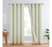 TOPICK Rideaux Salon Fenetre Draperies Moderne Vintage Ligne Vert sur Beige 130L X 245H cm, Rideau Lin Naturel avec Oeillets, Semi Transparent pour Salon Chambre Adult Porte Petite Fenetre Lot de 2