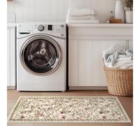 TOPICK Tapis de Couloir Lavable pour Cuisine, Tapis à Poils Courts Vintage en Fleurs, Rouge-Vert Romantique, Antibactérien, Pliable, Antidérapant, Fin, pour Ponts, Chambre, Salon, Couloir 60x150cm