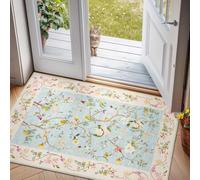 TOPICK Tapis Oriental Fleur Lavable pour Couloir, Cuisine, Chambre - Tapis à Poils Courts Bleu Rétro sur Rose - 90x150cm - Antibactérien, Pliable, Antidérapant - Idéal pour Ponts, Chambres, Salons