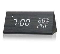 TOPINCN Réveil Numérique, Réveil en Bois avec Affichage électronique de L'heure LED, Détection d'humidité et de Température 3 Réglages D'alarme 3 Niveaux de luminosité Horloge électrique (Bois Noir)