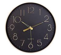 Horloge murale ronde noire de 30 cm, chiffres arabes discrets, décor doré
