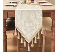 TOPLUXE Chemin de Table Floral en Tissu Floral à Franges, Décoration pour Table à Manger/Restaurant/Fête/Banquet (33x228cm, Beige & Blanc)