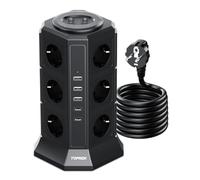 TOPREK Tour Multiprise avec Interrupteur Parafoudre, 12 Prises, 5 USB, Cube | avec 2 USB C, 3680W,16A, Surtension, Multiprise 2m, Maison et Bureau, Noir