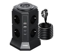 TOPREK Tour Multiprise avec Interrupteur Parafoudre, 8 Prises, 4 USB, Cube | avec 2 USB C, 3680W/16A, Surtension, Bloc Multiprise 2m, Maison et Bureau, Noir