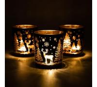 Toptime Set de 3 Bougeoir Noel, Photophore en Verre Noir et Doré pour Centre de Table Noel, Pot en Verre pour Bougie avec Arbre de Noël, Renne, Flocons de Neige, Photophore Bougie pour Le Nouvel an