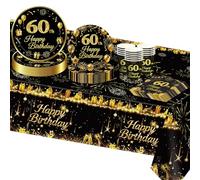 TOPWAYS Decoration Anniversaire 60 ans Homme Femme, Noir Or Papier Assiette Jetable Serviette Gobelets Nappe pour Deco Anniversaire 60 ans Femmes Homme 16 Invités (60ans)