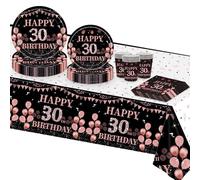 TOPWAYS Noir Or Rose Assiette Jetable Decoration Anniversaire 30 ans, Papier Assiette Jetable Gobelets Serviette Nappe Vaisselle Jetable pour Deco Anniversaire 30 ans Femmes 16 Invités