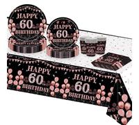 TOPWAYS Noir Or Rose Assiette Jetable Decoration Anniversaire 60 ans, Papier Assiette Jetable Gobelets Serviette Nappe Vaisselle Jetable pour Deco Anniversaire 60 ans Femmes 16 Invités