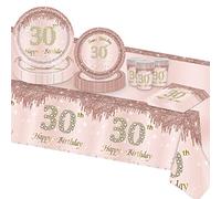 TOPWAYS Rose Assiette Jetable Decoration Anniversaire 30 ans Vaisselle Lot, Papier Assiette Jetable Gobelet Serviette Nappe pour Deco Anniversaire Fille Femme 16 Invités