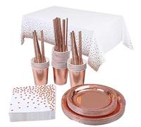 Topways Rose Or Assiette Jetable Vaisselle Lot, Papier Assiette Jetable Gobelets Serviette Nappe Vaisselle pour Decoration Anniversaire Fille Femmes Enfants, BBQ Party Fête Mariages Camping 16 Invités