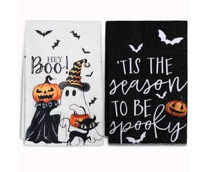 Torchons de Cuisine pour Halloween, Lot de 2 d'Halloween Serviettes de Cuisine Torchon Vaisselle, Motif Chat, Citrouille, Fantôme, Torchon Microfibre pour la Salon, Salle à Manger, Décoration