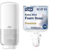 Tork Distributeur de Savon Mural Automatique pour Savon Mousse S4 - Avec Capteur Intuition, Distribution Sans Contact, Blanc + Recharge Savon Mousse Doux, 1 x 1000 ml