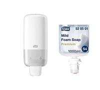 Tork Distributeur de Savon Mural pour Savon Mousse et Désinfectant pour Les Mains - Système Distributeur S4 Économique et Anti-Fuites, Blanc + Savon Mousse Doux, 1 x 1000 ML