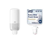 Tork Distributeur de Savon Mural pour Savon Mousse et Désinfectant pour les Mains - Système Distributeur S4 Économique Et Anti-Fuites, Blanc + Savon Mousse Extra Doux, 1 x 1000 ml