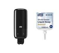 Tork Distributeur Mural de Savon Liquide S1/S11 - Système de Distribution Anti-Fuites, Noir + Recharge de Savon Liquide S1 Huile et Graisse, 1 x 1000 ML