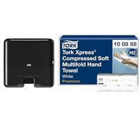 Tork Xpress, Mini distributeur murale pour essuie-mains interfoliés noir H2, 552108 - Essuie-mains interfoliés doux comprimés blancs H2, 100888
