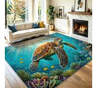 Tortue Mer Poisson Tropical Corail Tapis de Salon 160 x 230 cm | Lavable Bleu Vert | Naturel Océan, Antidérapant Tissu Ras Court Doux, pour Tapis Chambre Salle à Manger Salle des enfants