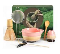 Torven Matcha Kit Débutant 7 Pièces - Comprend Bol à Matcha (Chawan), Fouet en Bambou (Chasen), Cuillère, Tamis, Support et Porte-Fouet - Kit Matcha Artisanal pour Cérémonie du Thé(rose)
