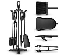 Torvon Lot de 5 ustensiles de cheminée avec support, pince à feu, tisonnier, pelle de cheminée, balai en acier et fonte, 61 cm, noir, pour poêle à bois