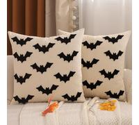 Tosleo Housse de Coussin Halloween 45 x 45 cm Taie d'oreiller Chauve Souris de Tufté de Lin pour Canapé Salon Jardin Maison Extérieur Halloween Décoration 2 Pièces