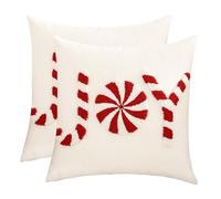 Tosleo Housses de Coussin Noël 45x45 cm en Coton Lin Joy Rouge Tuftés Lot de 2 Taie d'oreiller Housse Decoratif pour Deco Noel Fête Lit Canapé Chambre Salon Interieur Merry Christmas