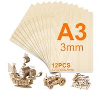 TOSUTO 12 Pièces Contreplaqué 3mm,Feuilles de Bois de Tilleul,420 x 300mm,Planche Bois Brut A3,Balsa Panneau Feuille Découpe Laser,Bois pour Pyrogravure,Gravure,Maquette,Gravure Laser,DIY