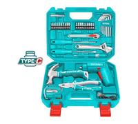 TOTAL - Mallette Outils Multifonctions 38 Pièces | 1 Tournevis à Batterie 4V | 16 Embouts | 8 Clés Allen | 2 Tournevis | Pince Universelle | Crayon Testeur | Mini Marteau | Mètre Ruban | Cutter