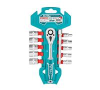 Total Tools - Ensemble de verres chromés et cliquet | 10 clés à douille + cliquet à 45 dents | Avec insert de 1/4 | Adaptateur d'extension inclus 100 mm | Chrome vanadium