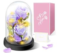Touloube Rose Eternelle sous Cloche Cadeau Femme - 3 Roses de Soie Violettes, Rose Dôme en Verre Fleur Artificielle avec LED Lumières,Cadeau pour Femme,Maman,Grand-mère