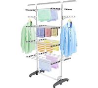 Tour à linge, pliable, 4 niveaux, tubes en acier inoxydable, séchoir à linge avec 6 roulettes, barre supérieure extensible, ailes, mobile, pour buanderie et salle de bain, gris