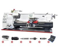 Tour à métaux d'établi hauteur des pointes 125 mm entre-pointes 550 mm alésage 26 mm 0,75 kW 230V + accessoires essentiels Torros PACK TR2550 230V