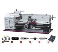 Tour à métaux d'établi hauteur des pointes 125 mm entre-pointes 550 mm alésage 26 mm 0,75 kW 400V 6 vitesses avec accessoires Optiturn TU2506 PACK 400V