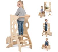 Tour d'apprentissage 3 en 1 COSTWAY avec tabouret à 2 marches, tabouret en bois avec barres de sécurité, jeux de lignes, escabeau, tabouret pour enfants à partir de 3 ans