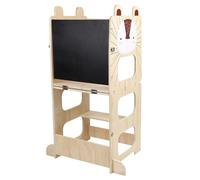 Tour d'apprentissage 3 en 1, Pliable, Tour d'observation pour Enfants Montessori Learning Bois Naturel Kitchen Helper avec Tableau Noir et Blanc,Table et Chaise pour Enfant,87 × 42 × 38,5 cm, hérisson
